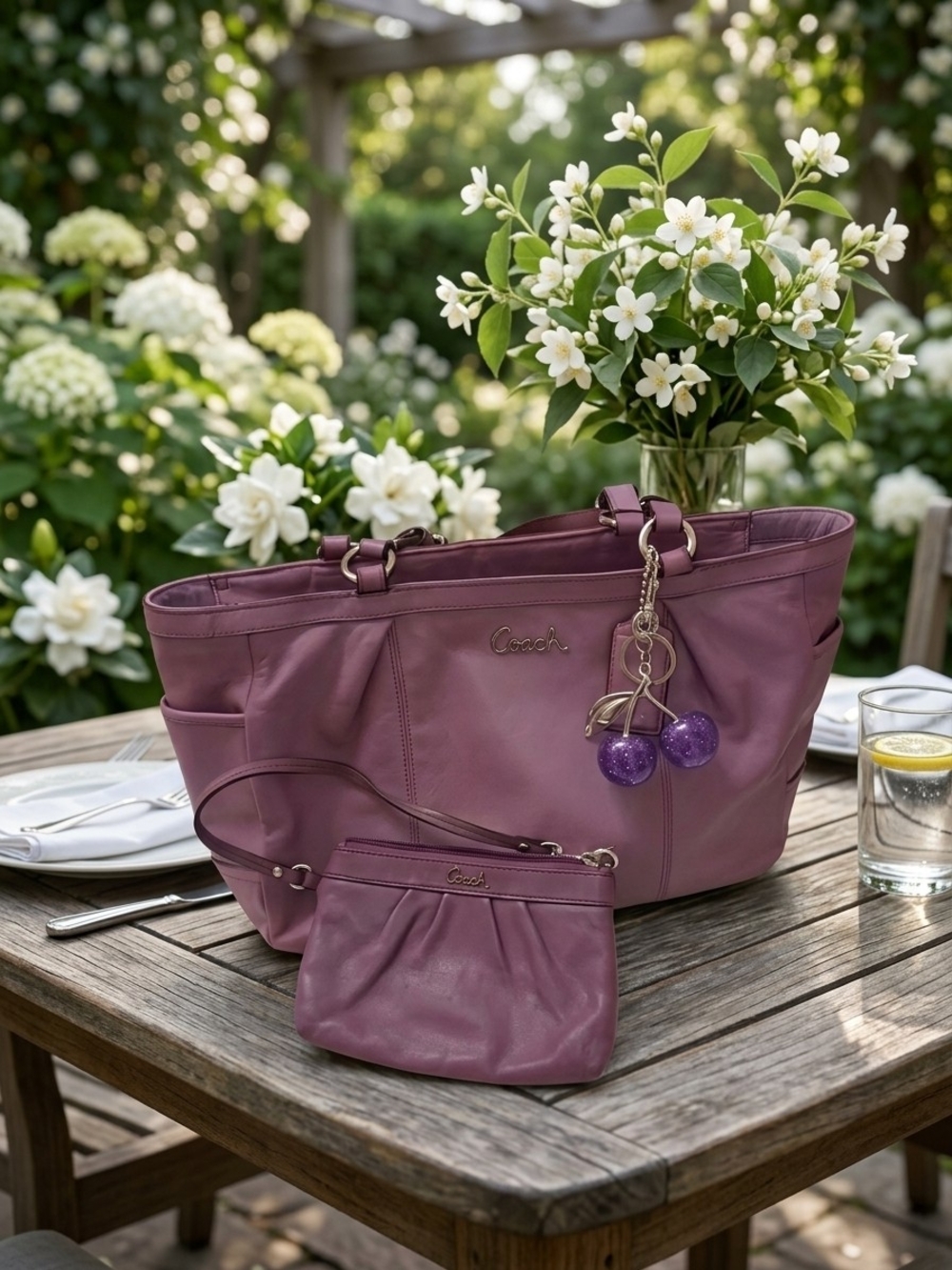 Coach Vintage Purple Leather Tote with Matching Wristlet and Charm